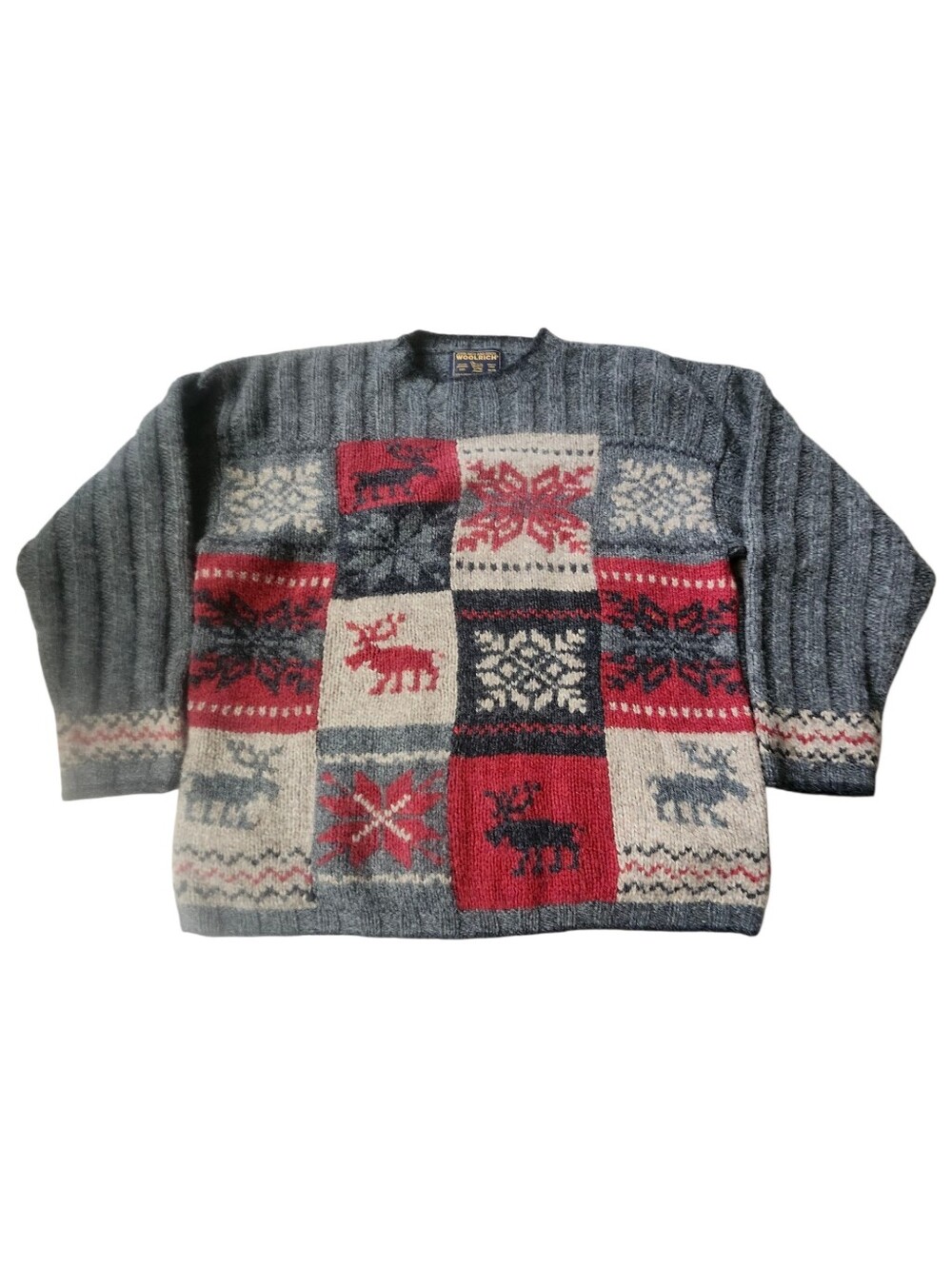Woolrich John Rich & Bros Patchwork Wool Sweater Moose Snowflake Sweater. Sz. M